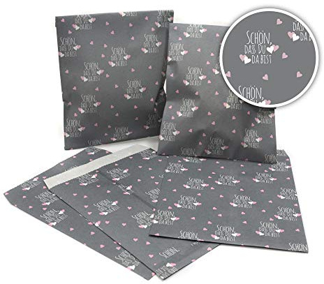 Frau WunderVoll® 100 PAPIERTÜTEN SCHÖN, DASS DU DA BIST 13 x 16,5 cm, 45 Gramm Papier, flach/Candy Bar, Hochzeit, Kindergeburtstag, Papiertütchen, Candybag, Tüten, Mitgebseltüten