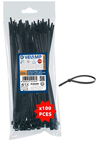 Velamp MG201 Kit de 100 Bridas Abrazadera para Cables de 2.5 x 100 mm, Nylon 6.6, hiperresistente, Negro, 100 unidades (paquete de 1)