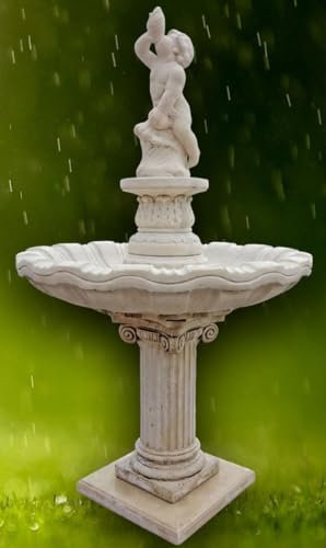 Casa Padrino Jugendstil Gartenbrunnen/Springbrunnen Junge mit Muschel Grau Ø 125 x H. 212 cm - Barock & Jugendstil Gartendeko Accessoires