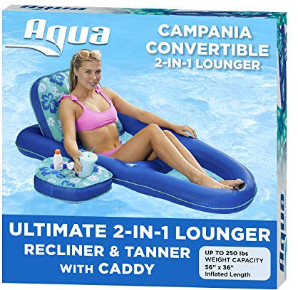 Aqua Campania Ultimate 2-in-1 Pool Float Lounge - Extra groß - Aufblasbare Pool Floats für Erwachsene mit Verstellbarer Rückenlehne & Getränkehalter Caddy - Blaugrün Hibiskus