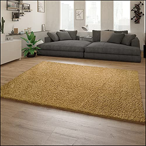 Paco Home Teppich Wohnzimmer Hochflor Einfarbiges Muster Modern Unifarben Senfgelb, Grösse:Ø 160 cm Rund