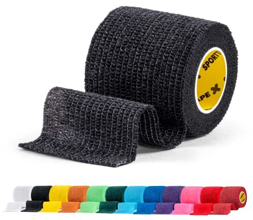 SPORTTAPE Football Sock Tape, 5cm x 4.5m, Black - Self-Adhesive Cohesive Bandage, Compression Wrap & Sports Stretch Tape for Ankles, Joints, Socks, Vet & Pet Wrap for Dogs, Horses - Single Roll