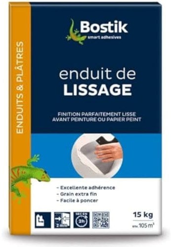Bostik Enduit de Lissage Poudre, Lisse et Masque jusqu'à 2mm, Facile à Poncer, Tous Supports, Usage Intérieur, Blanc, Sac de 15 kg