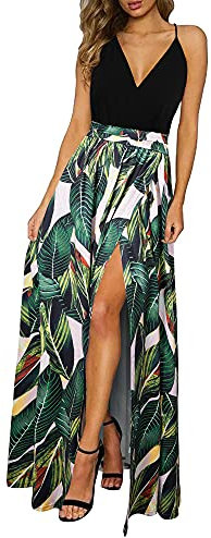 Newshows Donna Estate Profondo Scollo a V Leisure Spaghetti Dress Flower Print Split Maxi per Beach Party (Floral 09,L)
