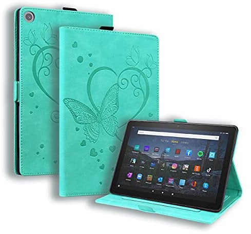 LMFULM® Case for Amazon Kindle Fire HD 8 2016/2017/ 2018 (8.0 Inch) PU Leather Case Protective Shell Smart Case with Sleep/Wake Stand Case Flip Cover Embossing Love Butterfly Green