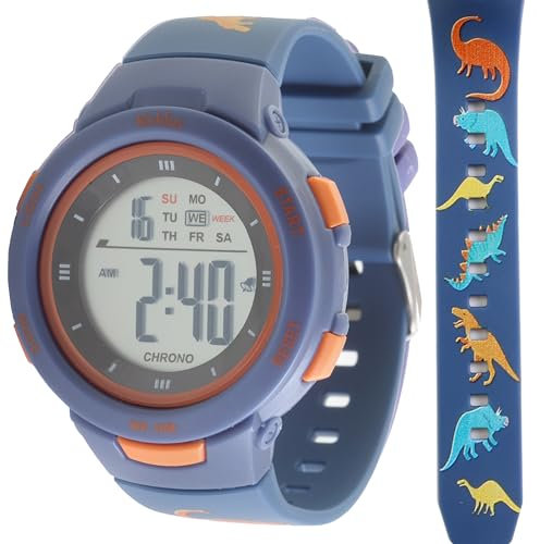 Kiddus Digitaluhr für Mädchen und Jungen von 5 bis 12 Jahren. Mit Stoppuhr, Kalender, Wecker und Licht. Wasserdicht. Beleuchtete LED Sportarmbanduhr für Kinder. Dinos