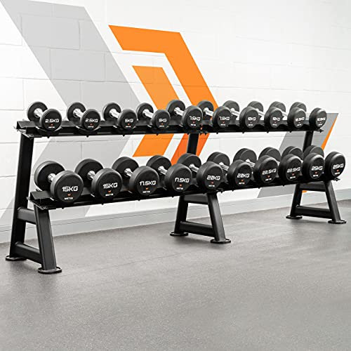 METIS Profi Hantelständer & Kurzhantel Sets - 2 Stufen Ständer für Profi Kurzhanteln | Ständer für Aufbewahrung von Kurzhanteln | Fitness Geräte (1x Ständer + halbes Kurzhantelset)