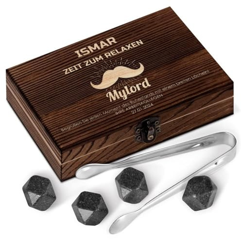 Maverton Whisky Steine Set - in Holzbox - personalisiert - 6 Eiswürfel + Zange + Velourbeutel - Kühlsteine - wiederverwendbar aus Granit - für Herren - Schnurrbart