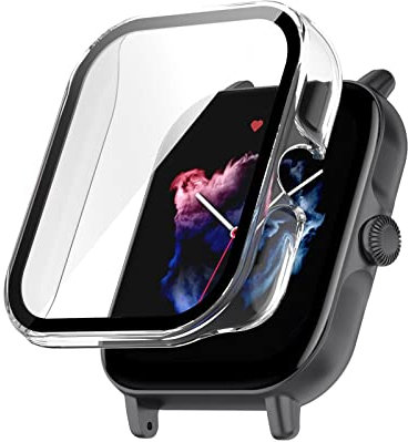 Hülle mit Glas Displayschutz Kompatibel mit Amazfit GTS 3 - Hart PC Schutzhülle Vollschutz Kratzfest Display Schutzfolie Ultradünne Schutz Case für Amazfit GTS 3 Smartwatch (Klar)