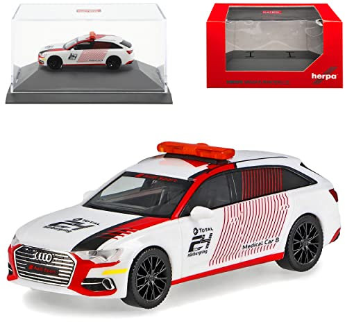 A*U*D*I A6 C7 Avant Kombi Weiss 24H Nürburgring Medical Car 2011-2018 mit Sockel und Vitrine H0 1/87 Herpa Modell Auto mit individiuellem Wunschkennzeichen