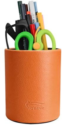 Pot à crayons rond en cuir synthétique pour la maison, le bureau, l'école (orange)