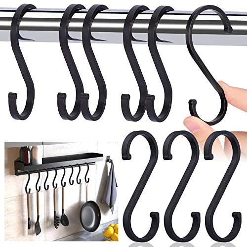 Ormromra 10 Stück S Haken, Schwarz S-Haken, Schwerlast Metall haken für Küche, Schlafzimmer, Badezimmer, Garderobe, Pflanzen, Gartengeräte