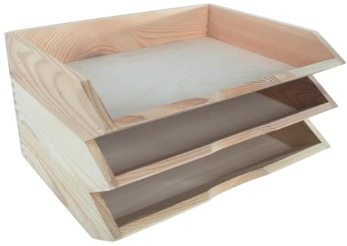 WooDeeDoo Three Tier Horizontal Stackable Wooden A4 Paper Trays Document Holders Magazine Storage Racks in Tray Paperwork Sorter Desk Organisers for Office or Home