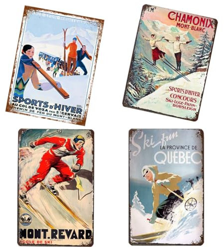 XUMING Lot De 4 Hiver Ski 20x30cm Vintage Plaque Affiche éTain MéTal Mur Signe RéTro DéCoration Pour Bar Café Garage Gaz Station Accueil Club 01, 30CM
