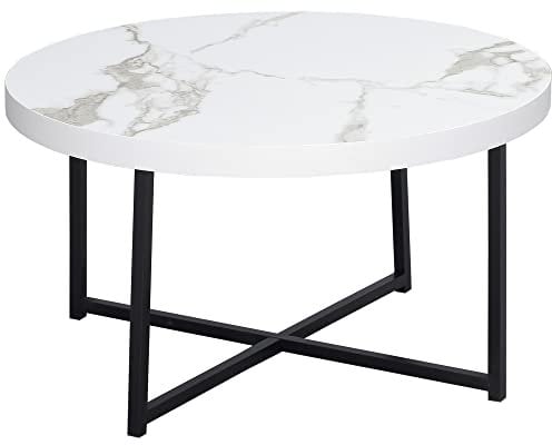 HOMCOM Mesa de Centro Mesa de Salón Redondo con Encimera Símil Mármol y Marco de Metal para Oficina Dormitorio Comedor Estilo Moderno 80x80x45 cm Blanco