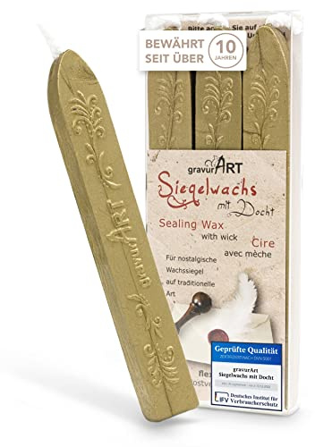 Siegelwachs Brass - Persönliche Briefe versiegeln mit Stempelwachs für Siegelstempel - 3 Stangen Wachs mit Docht