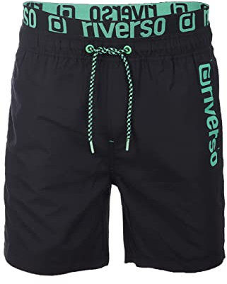 riverso Badehose Herren Regular Fit RIVBobby Badeshorts Sporthose Schwimmhose Shorts Kurze Hosen Print Elastischer Bund Schwarz S, Größe:S, Farbe:Black-Flashy Green