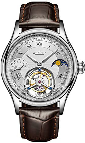 Aesop Mondphase GMT Tourbillon Herrenuhren Mechanisches Tourbillon Handaufzug Herrenarmbanduhren Saphir Wasserdicht Luxus Business Uhr für Herren 7027(Silber mit Weiß)