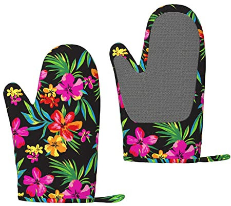 CASOTA Grill-hitzebeständige Handschuhe, hawaiianische Bunte Blumen-Ofenhandschuhe, Silikon-Ofenhandschuhe, Küche, Backen, hitzebeständige Anti-Verbrühungs-Ofenhandschuhe, Grillhandschuhe