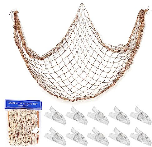 TAFACE 1,5 x 2 m großes Fischernetz mit 10 transparenten Kunststoffklammern, mediterraner Stil, Wanddekoration, geeignet für Party, Fotografie