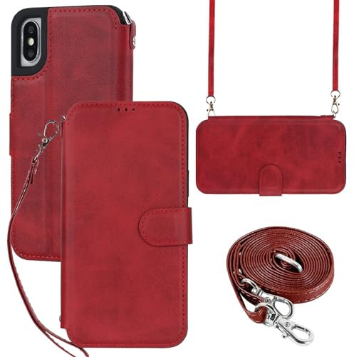 ELTEKER Hülle für iPhone XS Max Handyhülle mit Band Crossbody Strap, Klapphülle mit dem Verstellbaren Umhängeband - Rot
