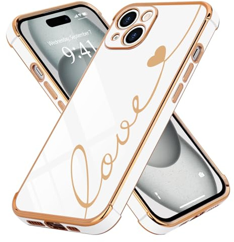 LCHULLE for iPhone 15 Plus Case for Women Girls, Cute Love Heart, White | Luxury Plating Pattern Design, Pretty Girly Phone Cover, Full Camera Lens Protection, Raised Shockproof Protective TPU Bumper