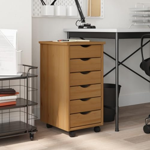 ZEYUAN Rollschrank mit Schubladen Moss Honigbraun Massivholz Kiefer, Rollcontainer, Sideboard, Aktenschrank, Büro Schrank, File Cabinet, Druckertisch - 355888