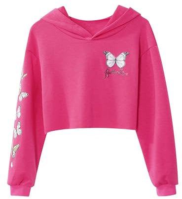 Yruioon Kids Girls Butterfly Printed Hoodie Sweatshirts Hooded Long Sleeve Crop Tops Pullover Sports Shirt Rose 11-12 Years