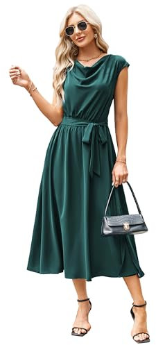 GRACE KARIN Elegante vestido de cóctel para mujer, cuello redondo, con abertura y lazo en la cintura, bolsillos, color azul y verde, talla L, azul/verde, L