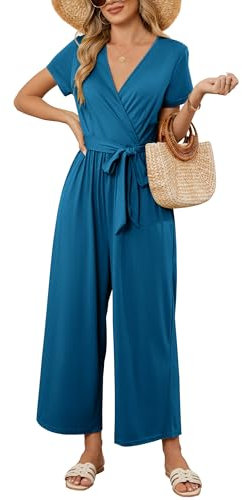 OUGES Jumpsuit Damen Sommer Elegant Overall Lang Playsuit Kurzarm Casual Hosenanzug mit Taschen(Dunkelblau,XXL)
