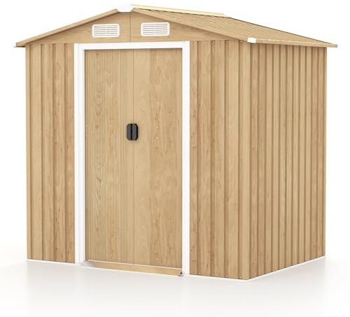 COSTWAY Gerätehaus Metall, Geräteschuppen abschließbar, Gartenhaus mit 4 Luftschlitzen & Schiebetür & Rampe, Garten Schuppen Outdoor, Metallschuppen Geräteschuppen, Natur (196 x 142 x 186 cm)