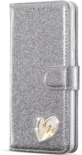 For Apple iPhone 11, Phone Case Shiny Leather Bling Glitter Book Flip Stand Card Wallet Protective Folio Cover For iPhone 11 6.1 inch Case (Silver)
