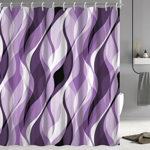 Ruelvth Violetter Duschvorhang, modern, abstrakt, lila und grau gestreift, Duschvorhang für Badezimmer, wasserdicht, Lavendel, Duschvorhang-Set mit Haken, 183 x 183 cm