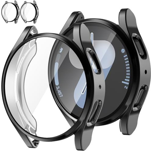 Jvchengxi Funda Protector para Samsung Galaxy Watch 7, Flexible TPU Carcasa Cobertura Total Antiarañazos Protector de Pantalla Protectora Funda para Galaxy Watch 7 (Negro+Negro, 44mm)