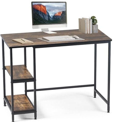 T-THREE.100cm computer home office desk, study table, writing workstation, gaming station with black metal frame and storage shelf, ideal for compact spaces, bedrooms, and student areas.