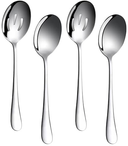 4-teiliges Servierlöffel-Set, enthält 2 Servierlöffel und 2 Schlitzlöffel, 22,6 cm Edelstahl-Buffet-Buffet-Bankettlöffel, Servierutensilien-Set für Partys, Silber