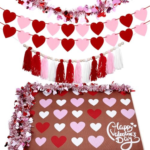 Valentines Day Decorations Valentines Door Mat 30x19 Inch Heart Doormat Heart Banners Garland Beaded Tassel Garland, Valentine Front Doormat for Outdoor Indoor Entrance Home Mats