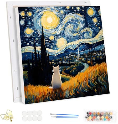 MEIYUDA Peinture par Numero Adulte avec Cadre, Van Gogh Nuit étoilée Chat DIY Peinture à l'huile par Numéros sur Toile Artisanat avec Pinceaux Peintures Acryliques, Decoration Maison Cadeau 30x30cm