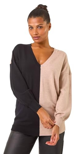Roman V-Neck Jumper for Women UK Ladies Boyfriend Fit Slouch Sweater Winter Autumn Textured Casual Flattering Knit Pullover Knitwear Daywear Lightweight Lounge - Natural Noir - Size 10
