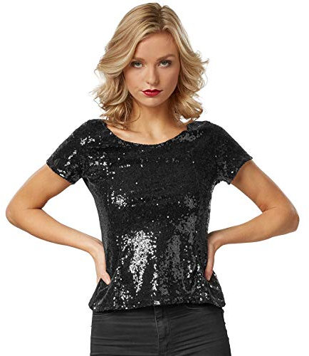 dressforfun 901013 Damen Pailletten Top, Glitzer Kurzarm Oberteil, schwarz - Diverse Größen - (XXL)