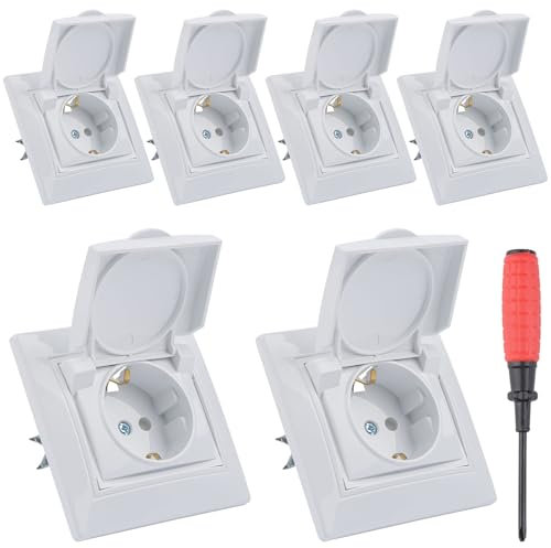 HTTYHT 6 Piezas Enchufe Pared Empotrado Base Enchufe Empotrable con Tapa Abatible IP44 Toma de Corriente Empotrada 16A 250V Schuko Enchufes Simples Blanco para Interior Exterior Oficina Baños