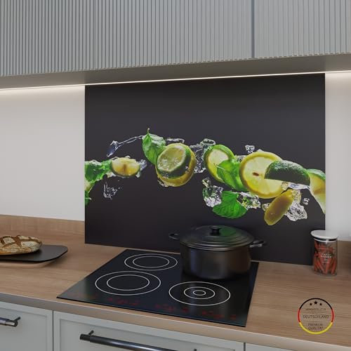 WOWMÖBEL Spritzschutz Küchenrückwand Glasoptik selbstklebend Küche | ESG 4mm | Rückwandschutz Platte Glasrückwand Wandpaneele nach Maß | Zitronenfrische (B 60cm x H 60cm)