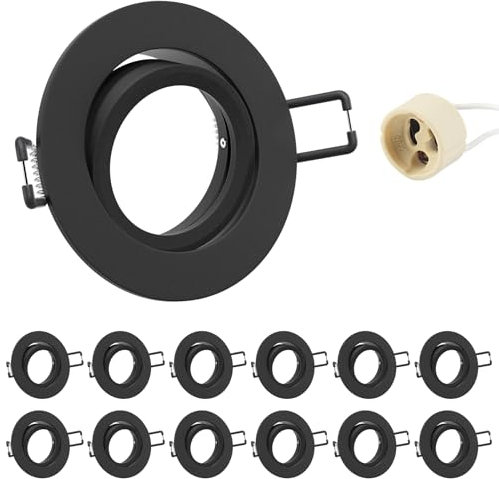 Doughelec 12er Einbaustrahler Rahmen Schwenkbar mit GU10 Fassung, Schwarz Einbaurahmen Aluminium Deckenspots, Rund Flach LED Spots Einbauspots Einbaustrahler 68mm lochmass für Decke 60-75mm 230V