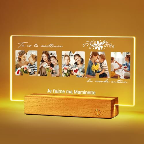VEELU Lampe Personnalisée - Cadeau Fete des Meres avec Cadre Photo pour Maman - Meilleure Maman du Monde