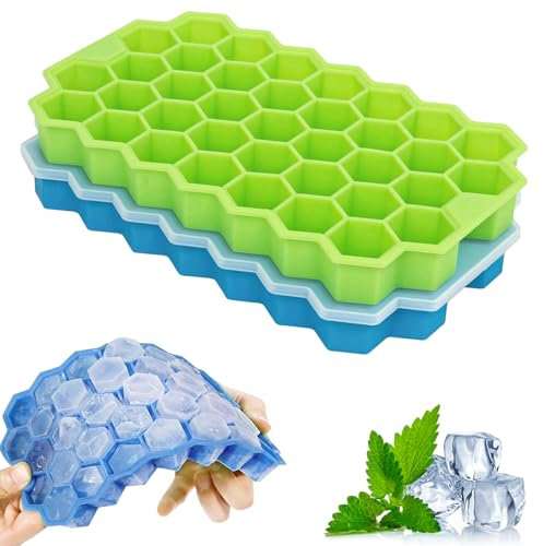 2 Pack Honeycomb Ice Cube Trays for Freezer Microwave(Blue and Green), Silicone Ice Cube Tray with Lid, 37 Hexagonal Silicone Molds, Reusable Ice Cube Mold for Whiskey, Cocktails, Homemade Cold Drinks