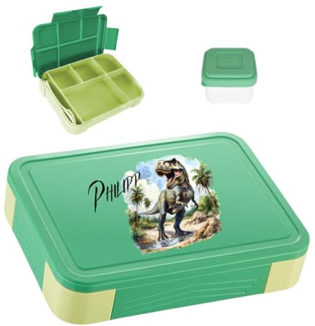 minimutz Brotdose Jungen personalisiert, Brotzeitdose Dinosaurier Trex Kinder mit vielen Fächern, Lunch Box mit Name BPA-frei auslaufsicher, Bento Box Set mit buntem Aufdruck (grün)