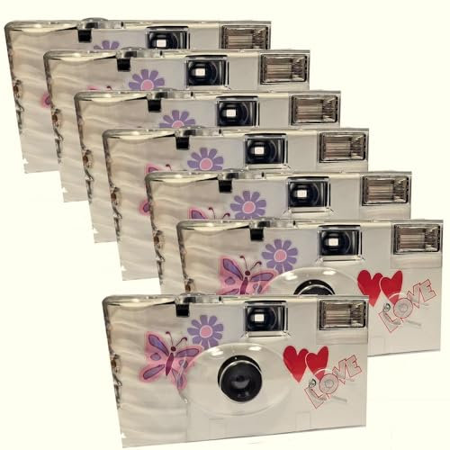 7X PHOTO PORST Einwegkamera Butterfly, Edition Liebe & Love & Herzen, mit Blitz, Batterien und Film (7er Pack, je 27 Aufnahmen, 35mm Farbfilm)
