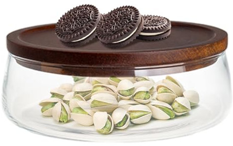 Glass Serving Bowl, Clear Glass Salad Bowl with Wooden Lid Farmhouse Style Round Food Storage Platter for Home Kitchen Party Candy Nut Fruit, S