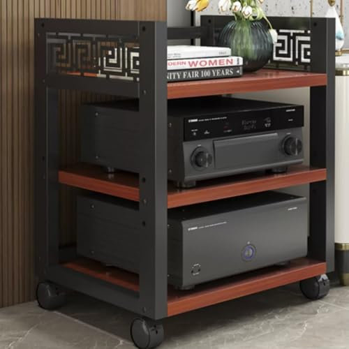 Stereoschrank, AV-Komponenten-Medienständer, mehrstufiges Audio-Rack, rollbarer Audio-Turm, bodenstehender Audioschrank, CD-Player-Ständer, verstellbares Eckregal, HiFi-Rack (Teakholz, 3 Ebenen)