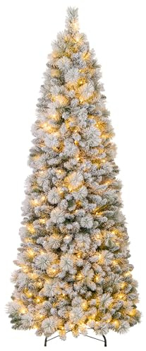 COSTWAY Albero di Natale Innevato 150/180/210 cm, Albero di Natale Pop-Up con 130/170/200 Luci LED, Aghi di Pino, 378/517/680 Punte di Rami, Sezione Pieghevole e Supporto in Metallo (210 CM)